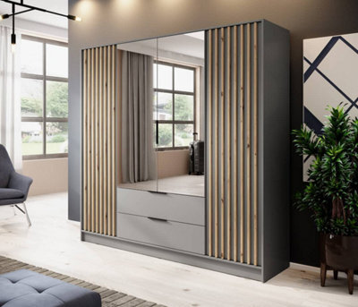 Arte Nelly Contemporary Mirrored Hinged 4 Door Wardrobe Grey 2 Drawers 8 Shelves 1 Rail Lamela Decor (H)2000mm (W)2060mm (D)510mm - image 1
