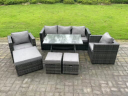 Fimous 8 Seater Rattan Outdoor Furniture Sofa Garden Dining Set With Dining Table 2 Armchairs 3 Stools Dark Grey - thumbnail 1