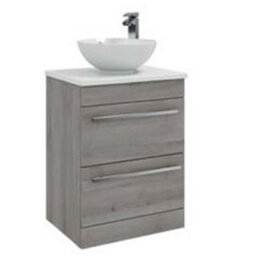Clifton Bathroom 2-Drawer Floor Standing Vanity Unit With Sit-On Basin And Worktop 600mm Wide - Silver Oak  - Brassware Not Included