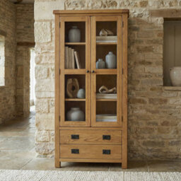 The Furniture Market Rustic Oak Glazed 2 Door 2 Drawer Tall Display Cabinet Unit - thumbnail 2