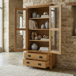The Furniture Market Rustic Oak Glazed 2 Door 2 Drawer Tall Display Cabinet Unit - thumbnail 3