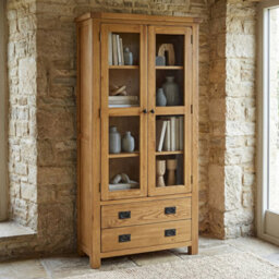 The Furniture Market Rustic Oak Glazed 2 Door 2 Drawer Tall Display Cabinet Unit