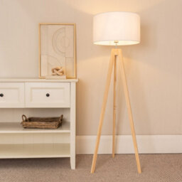 Valuelights Jackson Natural Wood Tripod Floor Lamp With White Fabric Lamp Shade