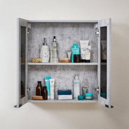 Homestylestore 600 X 650mm Concrete Grey Wall Mounted Mirrored Door Bathroom Cabinet And Aged Gold Finger Pull Handles - thumbnail 2