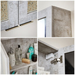 Homestylestore 600 X 650mm Concrete Grey Wall Mounted Mirrored Door Bathroom Cabinet And Aged Gold Finger Pull Handles - thumbnail 3