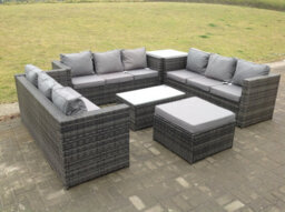 Fimous Outdoor Rattan Garden Furniture Lounge Sofa Set With Oblong Coffee Table And Side Tall High Table With Big Footstool - thumbnail 1