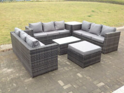 Fimous Outdoor Rattan Garden Furniture Lounge Sofa Set With Oblong Coffee Table And Side Tall High Table With Big Footstool - thumbnail 2