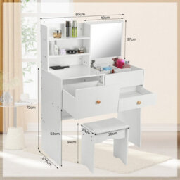 Dressing Table With Mirror White Vanity Table Makeup Desk Chair Cushioned - thumbnail 2