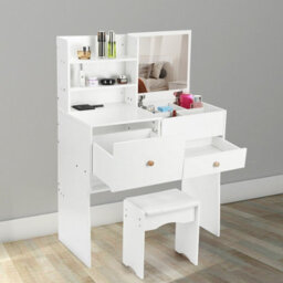 Dressing Table With Mirror White Vanity Table Makeup Desk Chair Cushioned - thumbnail 1