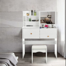 Dressing Table With Mirror White Vanity Table Makeup Desk Chair Cushioned - thumbnail 6
