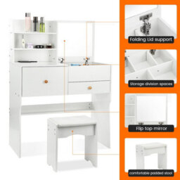 Dressing Table With Mirror White Vanity Table Makeup Desk Chair Cushioned - thumbnail 5