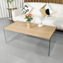Artloge 120Cm Rectangular Coffee Table Clear Tempered Glass Leg Wood Top Home Office Furniture - thumbnail 6