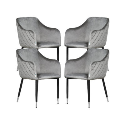 Life Interiors Set Of 4 Grey Verona Velvet Dining Chairs With Quilted Back & Black Legs - Modern Accent Chair With Silver Foot Tips - image 1