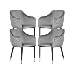 Life Interiors Set Of 4 Grey Verona Velvet Dining Chairs With Quilted Back & Black Legs - Modern Accent Chair With Silver Foot Tips