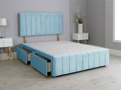 Comfy Deluxe 6Ft Superking Panel Sky Blue Plush Divan Bed Set Headboard & Footboard 4 Drawers - image 1