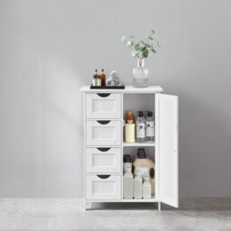 Songmics Vasagle Bathroom Furniture, Tall Slim Bathroom Cabinet, Side Storage Chest With 4 Drawers, Adjustable Shelf, White - thumbnail 1