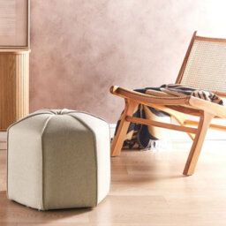 Beliani Beige Linen Pouffe Round 45 Cm Footstool, Faux Linen Upholstery, Rubberwood Base - thumbnail 2