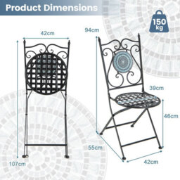 Gainoom Mosaic Chairs Set Of 2 Patio Metal Folding Chair W/ Decorative Backrest 150 Kg Max Load - thumbnail 2