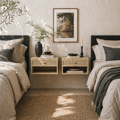 Wyld Haus Tovelu Set Of 2 Wood-Effect Floating Bedside Tables With Rattan-Panel Drawers - Natural Finish - image 1