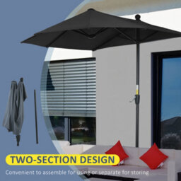 Outsunny 2M Half Garden Parasol Market Umbrella W/ Crank Handle, Black - thumbnail 6