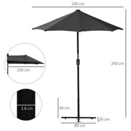 Outsunny 2M Half Garden Parasol Market Umbrella W/ Crank Handle, Black - thumbnail 3