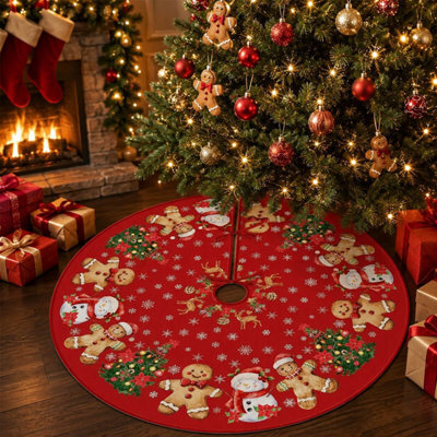 CLEFFNS Gingerbread Man Christmas Tree Skirt 90Cm Durable Polyester, Featuring Ties, Winter Tree Mat, Home Party Gift Decoration - image 1