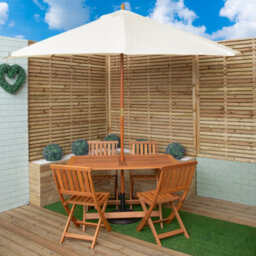 Samuel Alexander Outdoor 4 Person Folding Rectangular Wooden Garden Dining Table Chairs Cream Parasol And Base Set - thumbnail 1