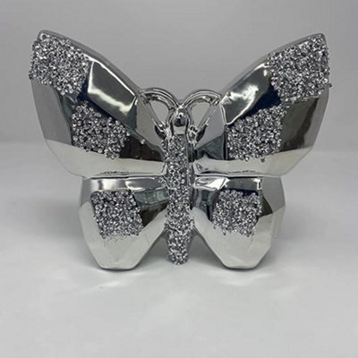 Biznest Silver Crushed Diamond Butterfly Ornament Figurine - Living Room Accessories - Best Gift, Present - Home Decoration