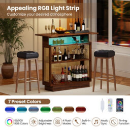 Costway Industrial Home Bar Unit With Rgb Led Light Rattan Bar Table With 3 Stemware Racks - thumbnail 6
