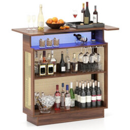 Costway Industrial Home Bar Unit With Rgb Led Light Rattan Bar Table With 3 Stemware Racks - thumbnail 2