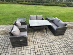 Fimous Rattan Outdoor Furniture Garden Dining Set Rectangular Table And Chair Sofa Set With 2 Pc Side Tables Dark Grey Mixed - thumbnail 2