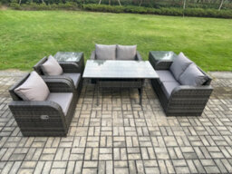 Fimous Rattan Outdoor Furniture Garden Dining Set Rectangular Table And Chair Sofa Set With 2 Pc Side Tables Dark Grey Mixed - thumbnail 1