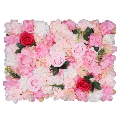 Neel Blue Artificial Flower Wall Backdrop Panel, 60Cm X 40Cm, Hot Rose Pink With Leaves - image 1