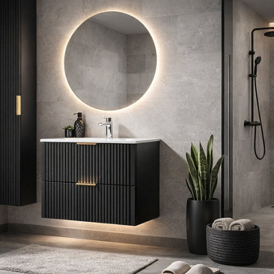 Impact Furniture Vanity Unit With Basin Black 600mm Bathroom Sink Cabinet Ribbed Fluted Wall Hung Adel - image 1