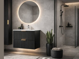 Impact Furniture Vanity Unit With Basin Black 600mm Bathroom Sink Cabinet Ribbed Fluted Wall Hung Adel - thumbnail 2