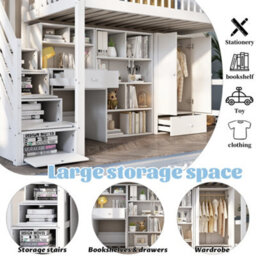 Btm 3Ft Single Kids Bed 90X190Cm With Desk Stairs Wardrobe Lockers Multifunctional Study Bed White No Mattress - thumbnail 7