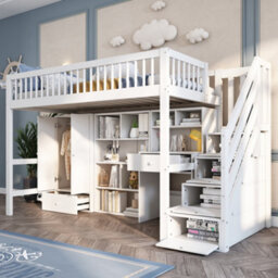 Btm 3Ft Single Kids Bed 90X190Cm With Desk Stairs Wardrobe Lockers Multifunctional Study Bed White No Mattress - thumbnail 3
