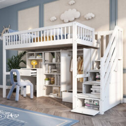 Btm 3Ft Single Kids Bed 90X190Cm With Desk Stairs Wardrobe Lockers Multifunctional Study Bed White No Mattress - thumbnail 4