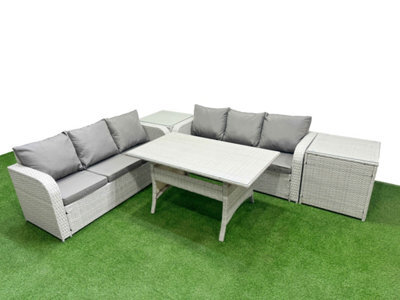 Fimous Outdoor Garden Furniture Sets 6 Seater Wicker Rattan Furniture Sofa Sets High Back Lounge Sofa 2 Side Table Light Grey - image 1