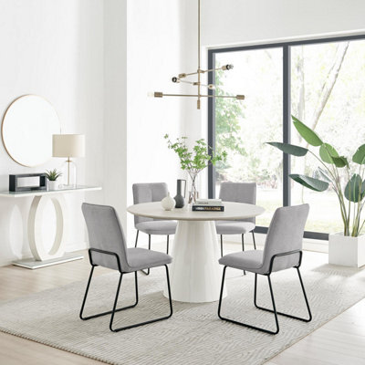 Furniturebox Uk Palma Beige Stone Effect Round Dining Table & 4 Light Grey Halle Chairs - image 1