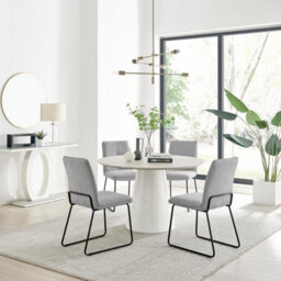 Furniturebox Uk Palma Beige Stone Effect Round Dining Table & 4 Light Grey Halle Chairs - thumbnail 1