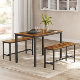 Songmics Vasagle Dining Table With 2 Benches, 3 Pieces Set, Kitchen Table Of 110 X 70 X 75 Cm, 2 Benches Of 97 X 30 X 50 Cm Each - thumbnail 1