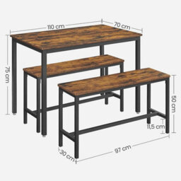 Songmics Vasagle Dining Table With 2 Benches, 3 Pieces Set, Kitchen Table Of 110 X 70 X 75 Cm, 2 Benches Of 97 X 30 X 50 Cm Each - thumbnail 7