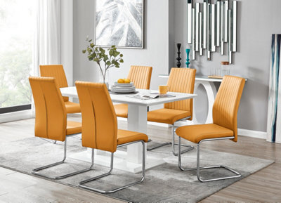 Furniturebox Imperia White High Gloss 6 Seater Dining Table With Structural 2 Plinth Column Legs 6 Mustard Faux Leather Lorenzo Chairs - image 1