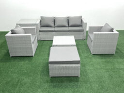 Fimous 6 Seater Rattan Garden Furniture Set 3 Seater Sofa 2 Chair Square Coffee Table Big Stool Side Table Light Grey - thumbnail 1