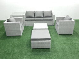 Fimous 6 Seater Rattan Garden Furniture Set 3 Seater Sofa 2 Chair Square Coffee Table Big Stool Side Table Light Grey - thumbnail 2