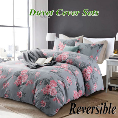 Ameha Printed Duvet Cover 3Piece Set With Matching Pillowcase Reversible Grey Bouquet Pattern Bedding Set King (230X220Cm) - image 1