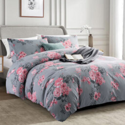 Ameha Printed Duvet Cover 3Piece Set With Matching Pillowcase Reversible Grey Bouquet Pattern Bedding Set King (230X220Cm) - thumbnail 7