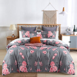 Ameha Printed Duvet Cover 3Piece Set With Matching Pillowcase Reversible Grey Bouquet Pattern Bedding Set King (230X220Cm) - thumbnail 2