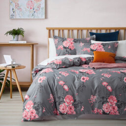 Ameha Printed Duvet Cover 3Piece Set With Matching Pillowcase Reversible Grey Bouquet Pattern Bedding Set King (230X220Cm) - thumbnail 3